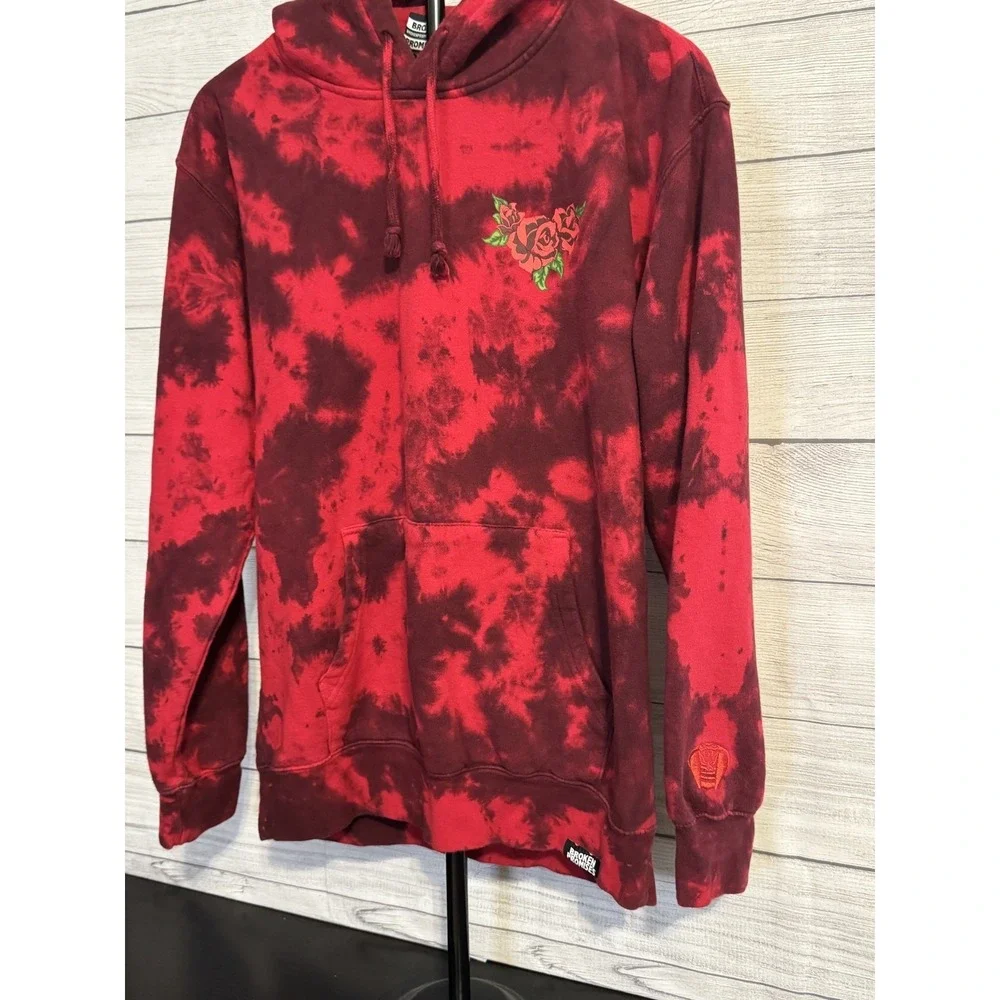 Broken Promises Pullover Hoodie Size M Red Black Tie Dye Rose Graphic